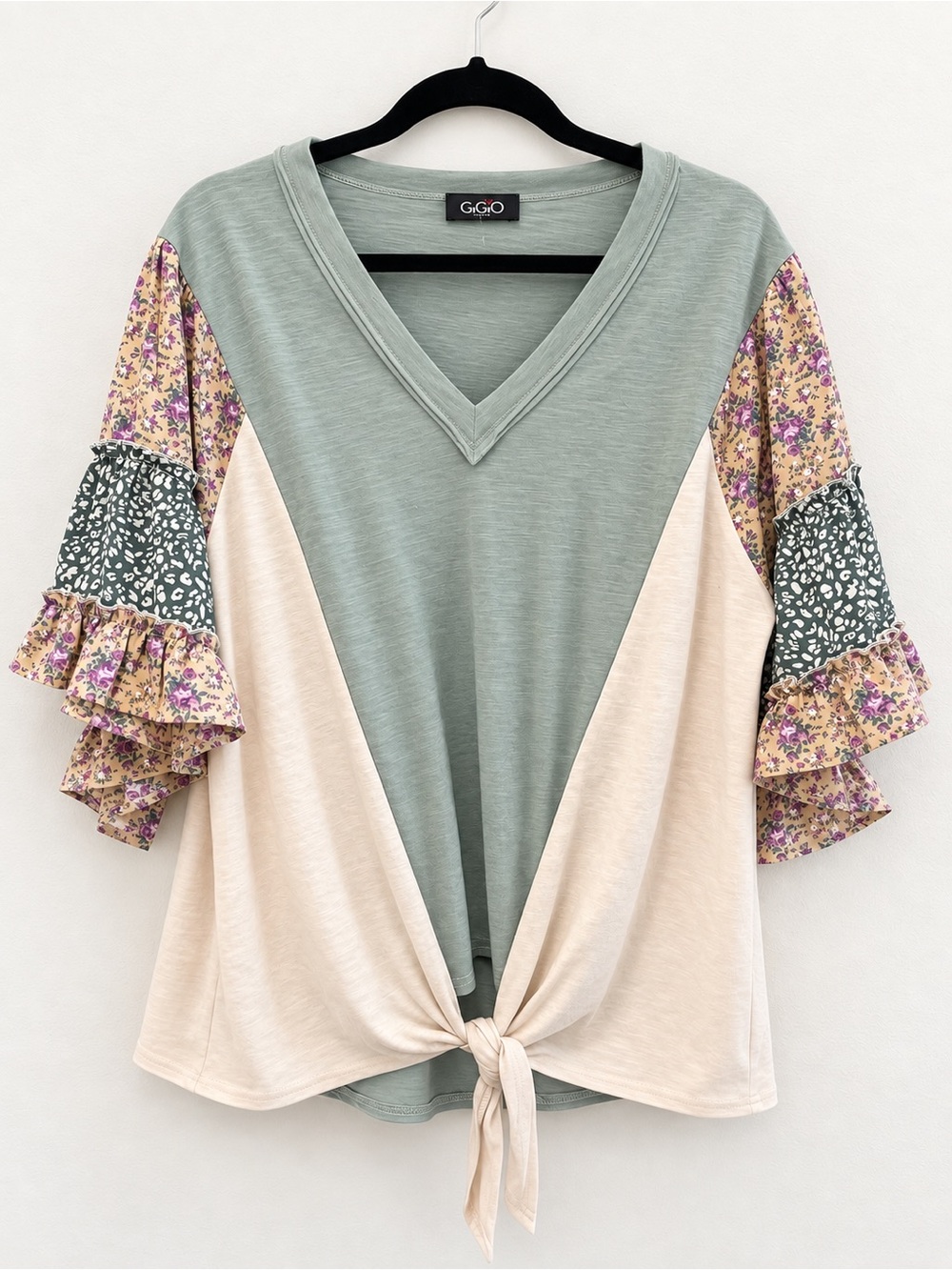 GiGio Sage & Cream V-Neck Tie-Front Top with Floral Ruffle Sleeves